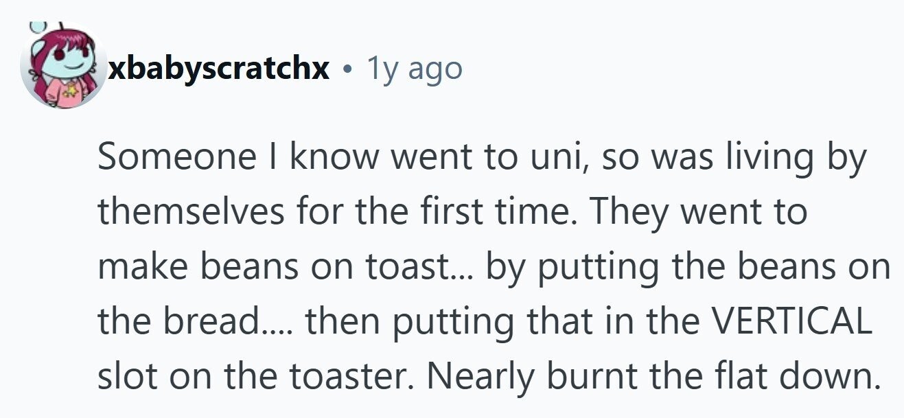 xbabyscratchx . . 1y ago Someone | know went to uni, so was living by themselves for the first time. They went to make beans on toast... by putting the beans on the bread.... then putting that in the VERTICAL slot on the toaster. Nearly burnt the flat down. 