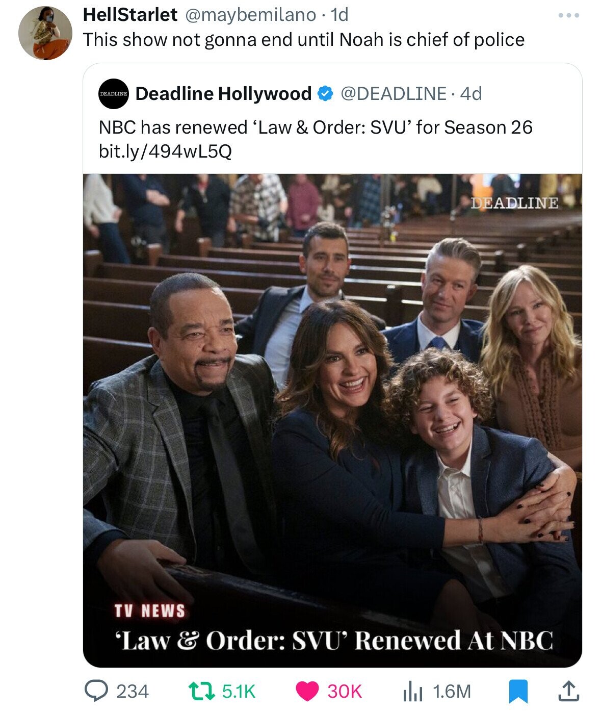 HellStarlet @maybemilano 1d This show not gonna end until Noah is chief of police DEADLINE Deadline Hollywood @DEADLINE. 4d NBC has renewed 'Law & Order: SVU' for Season 26 bit.ly/494wL5Q DEADLINE TV NEWS 'Law & Order: SVU' Renewed At NBC 234 5.1K 30K 1.6M 