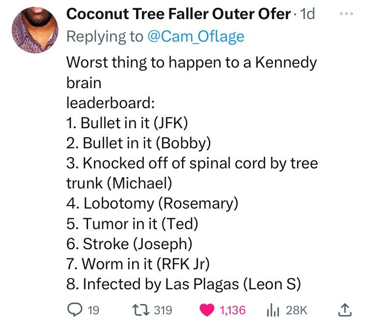 Coconut Tree Faller Outer Ofer 1d ... Replying to @Cam_Oflage Worst thing to happen to a Kennedy brain leaderboard: 1. Bullet in it (JFK) 2. Bullet in it (Bobby) 3. Knocked off of spinal cord by tree trunk (Michael) 4. Lobotomy (Rosemary) 5. Tumor in it (Ted) 6. Stroke (Joseph) 7. Worm in it (RFK Jr) 8. Infected by Las Plagas (Leon S) 19 319 1,136 del 28K