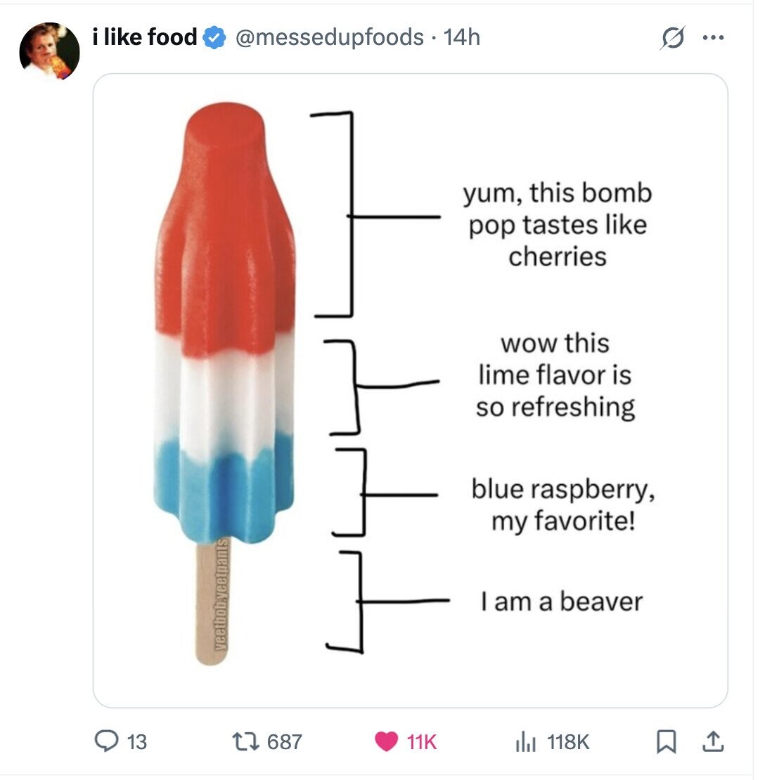 i like food @messedupfoods . 14h s ... yum, this bomb pop tastes like cherries WOW this lime flavor is so refreshing blue raspberry, my favorite! I am a beaver yeetboh.yeetpants 13 687 11K del 118K 