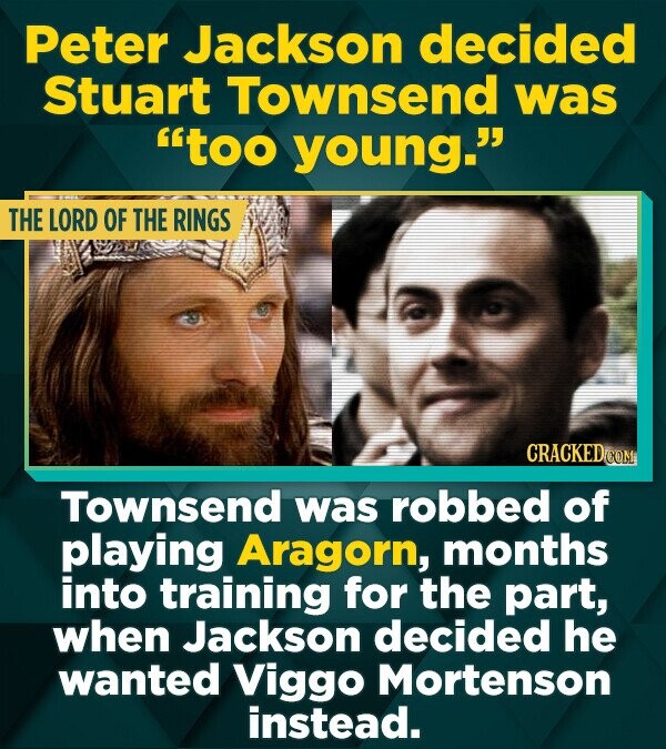 Peter Jackson decided Stuart Townsend was too young. THE LORD OF THE RINGS CRACKED.COM Townsend was robbed of playing Aragorn, months into training for the part, when Jackson decided he wanted Viggo Mortenson instead.