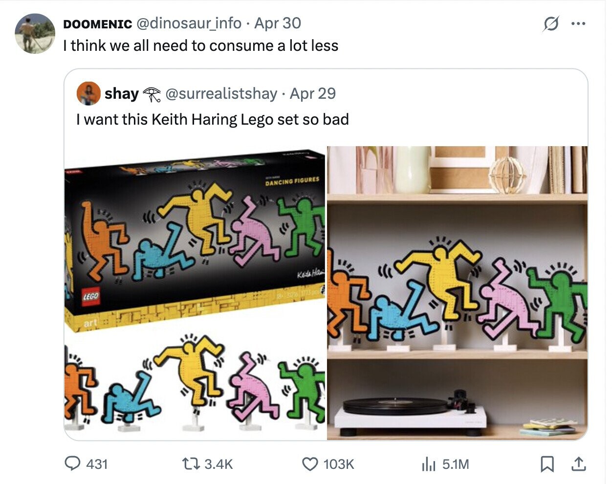 DOOMENIC @dinosaur_info Apr 30 O ... I think we all need to consume a lot less shay @surrealistshay Apr 29 I want this Keith Haring Lego set so bad - DANCING FIGURES LEGO art 431 3.4K 103K 5.1M