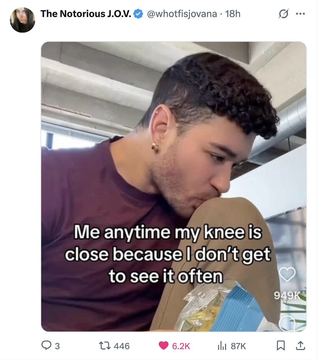 The Notorious J.O.V. G ... @whotfisjovana 18h Me anytime my knee is close because I don't get to see it often 949K 3 446 6.2K 87K 
