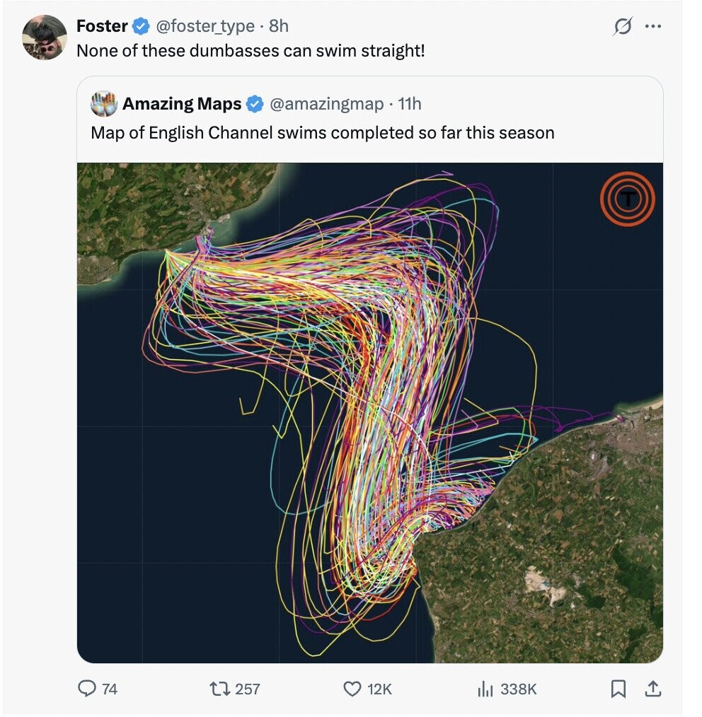 Foster @foster_type . 8h s ... None of these dumbasses can swim straight! Amazing Maps @amazingmap 11h Map of English Channel swims completed so far this season T 74 257 12K 338K 
