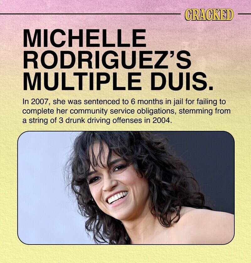 CRACKED MICHELLE RODRIGUEZ'S MULTIPLE DUIS. In 2007, she was sentenced to 6 months in jail for failing to complete her community service obligations, stemming from a string of 3 drunk driving offenses in 2004.