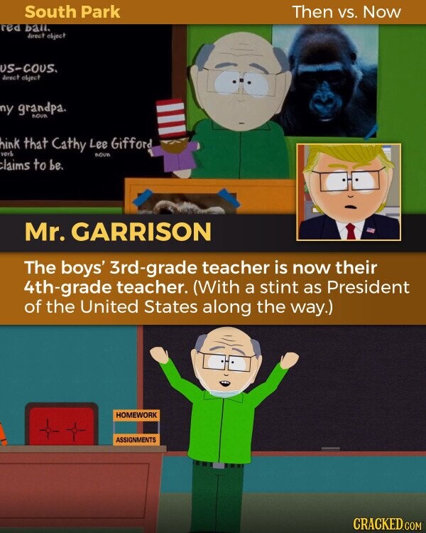 South Park Then vs. Now red ball. direct object US-COUS. direct object ny grandpa. noun hink that Cathy Lee Gifford verb noun claims to be. Mr. GARRISON The boys' 3rd-grade teacher is now their 4th-grade teacher. (With a stint as President of the United States along the way.) HOMEWORK ASSIGNMENTS CRACKED.COM