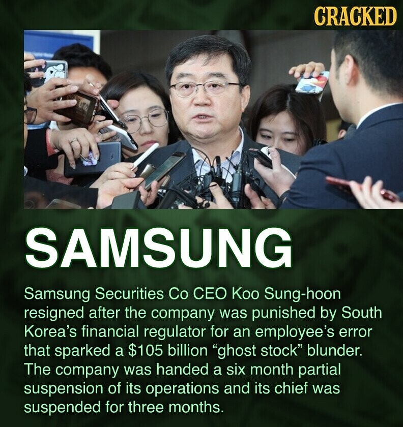 CRACKED SAMSUNG Samsung Securities Co CEO Koo Sung-hoon resigned after the company was punished by South Korea's financial regulator for an employee's error that sparked a $105 billion ghost stock blunder. The company was handed a six month partial suspension of its operations and its chief was suspended for three months.