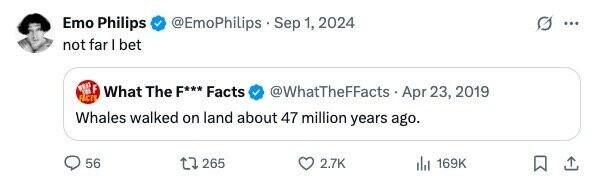 Emo Philips @EmoPhilips . Sep 1, 2024 ... not far I bet F What The F*** Facts FACTS @WhatTheFFacts - Apr: 23, 2019 Whales walked on land about 47 million years ago. 56 265 2.7K 169K 