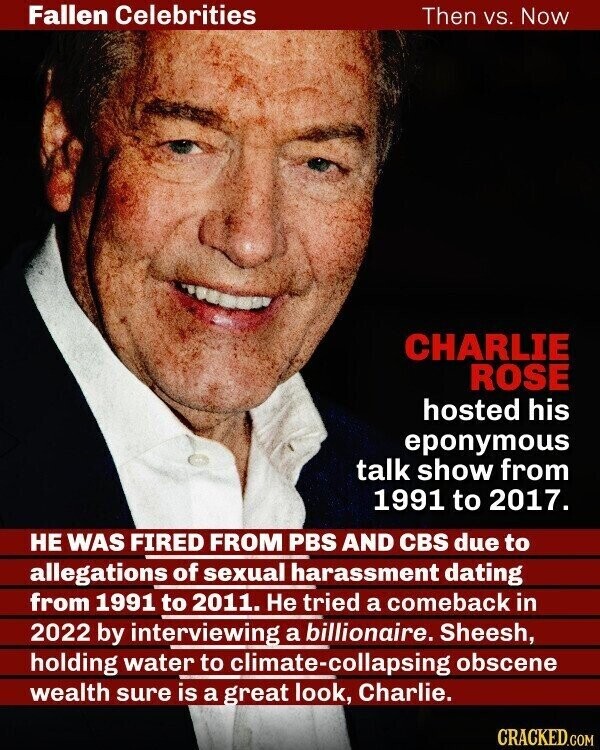 Fallen Celebrities Then vs. Now CHARLIE ROSE hosted his eponymous talk show from 1991 to 2017. НЕ WAS FIRED FROM PBS AND CBS due to allegations of sexual harassment dating from 1991 to 2011. Не tried a comeback in 2022 by interviewing a billionaire. Sheesh, holding water to climate-collapsing obscene wealth sure is a great look, Charlie. CRACKED.COM