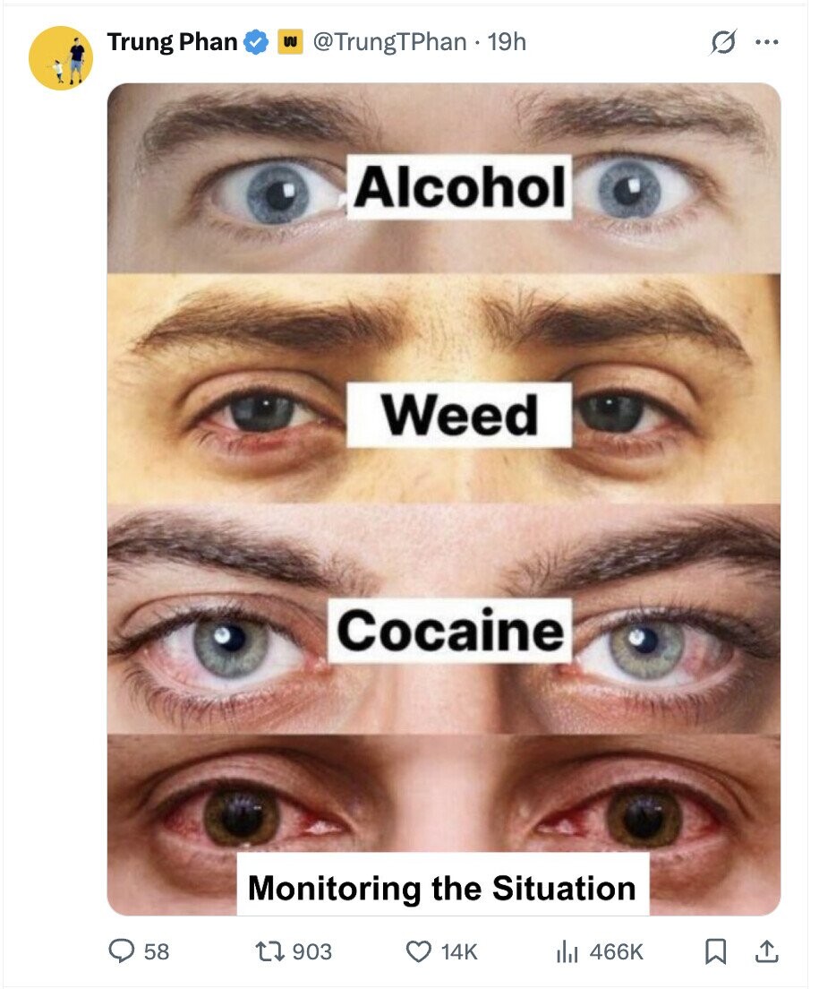 0 Trung Phan W @TrungTPhan 19h ... Alcohol Weed Cocaine Monitoring the Situation 58 903 14K 466K