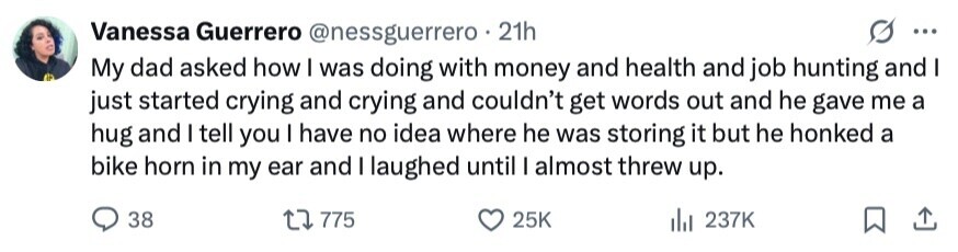 Vanessa Guerrero @nessguerrero 21h ... My dad asked how I was doing with money and health and job hunting and I just started crying and crying and couldn't get words out and he gave me a hug and I tell you I have no idea where he was storing it but he honked a bike horn in my ear and I laughed until I almost threw up. 38 775 25K 237K 