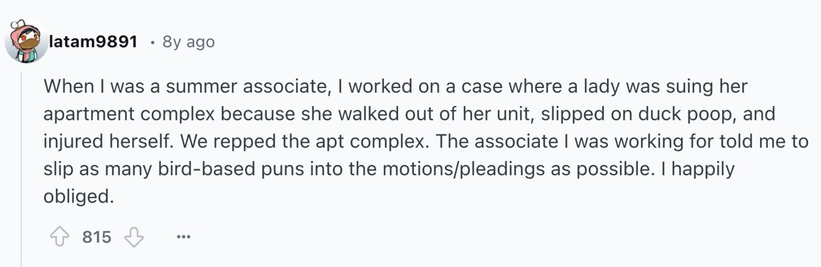 latam9891 8y ago When I was a summer associate, I worked on a case where a lady was suing her apartment complex because she walked out of her unit, slipped on duck poop, and injured herself. We repped the apt complex. The associate I was working for told me to slip as many bird-based puns into the motions/pleadings as possible. I happily obliged. 815 ... 