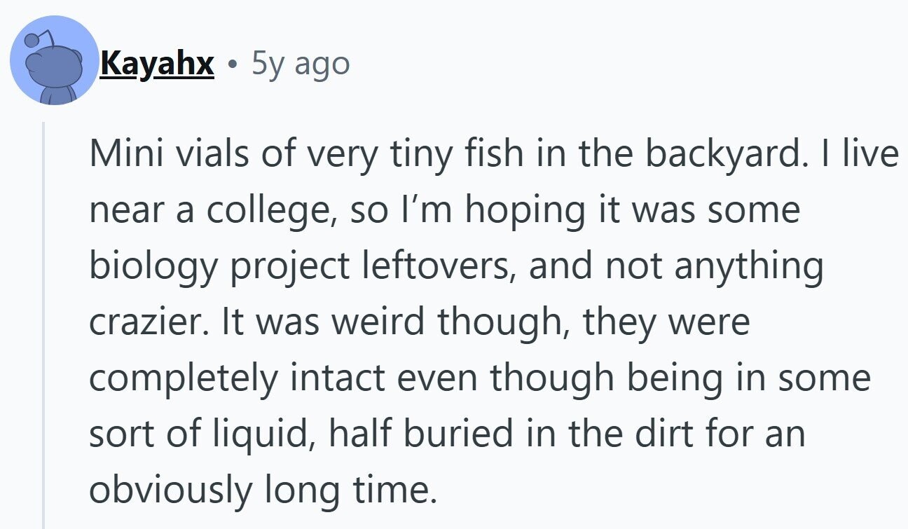 Kayahx . 5y ago Mini vials of very tiny fish in the backyard. I live near a college, so I'm hoping it was some biology project leftovers, and not anything crazier. It was weird though, they were completely intact even though being in some sort of liquid, half buried in the dirt for an obviously long time.
