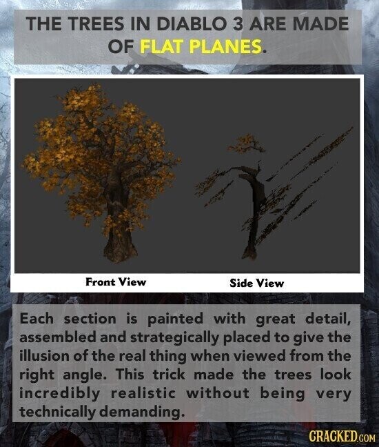 THE TREES IN DIABLO 3 ARE MADE OF FLAT PLANES. Front View Side View Each section is painted with great detail, assembled and strategically placed to give the illusion of the real thing when viewed from the right angle. This trick made the trees look incredibly realistic without being very technically demanding. CRACKED.COM