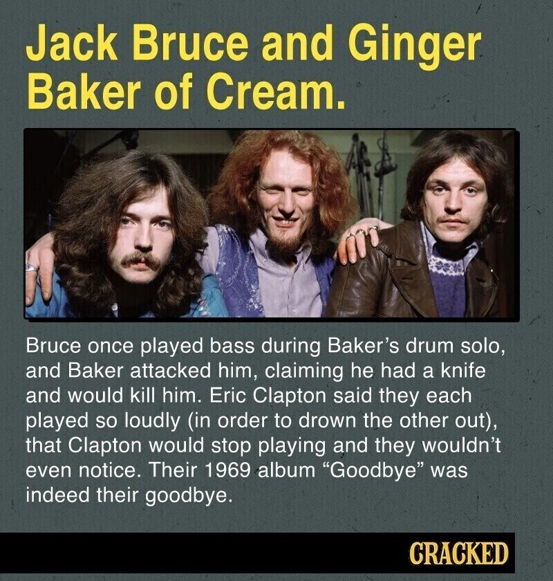 Jack Bruce and Ginger Baker of Cream. Bruce once played bass during Baker's drum solo, and Baker attacked him, claiming he had a knife and would kill him. Eric Clapton said they each played so loudly (in order to drown the other out), that Clapton would stop playing and they wouldn't even notice. Their 1969 album Goodbye was indeed their goodbye. CRACKED