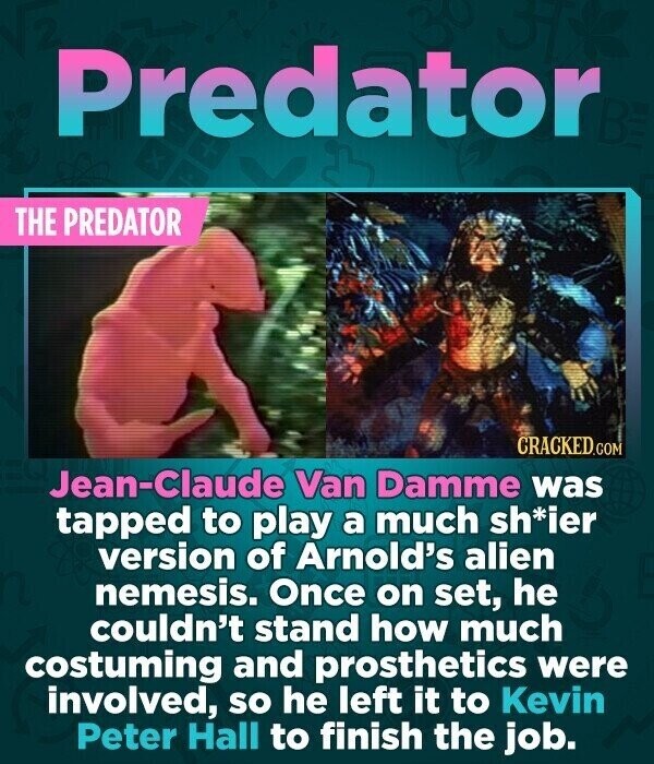 Predator BE THE PREDATOR CRACKED.COM Jean-Claude Van Damme was tapped to play a much sh*ier version of Arnold's alien nemesis. Once on set, he couldn't stand how much costuming and prosthetics were involved, so he left it to Kevin Peter Hall to finish the job.