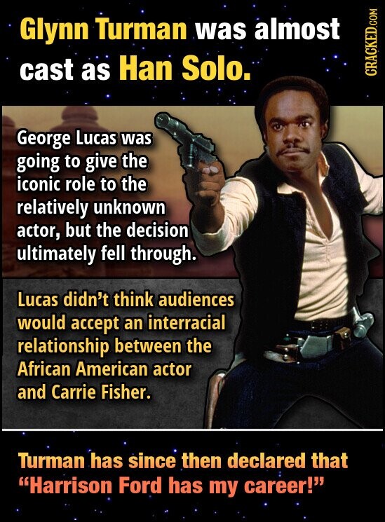 Glynn Turman was almost cast as Han Solo. CRACKED.COM George Lucas was going to give the iconic role to the relatively unknown actor, but the decision ultimately fell through. Lucas didn't think audiences would accept an interracial relationship between the African American actor and Carrie Fisher. Turman has since then declared that Harrison Ford has my career!