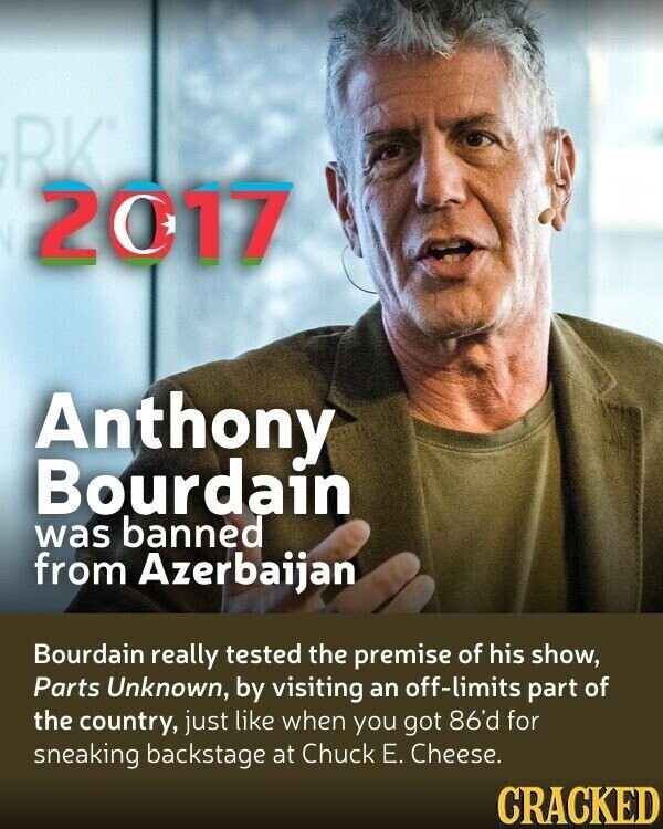 RK 2017 Anthony Bourdain was banned from Azerbaijan Bourdain really tested the premise of his show, Parts Unknown, by visiting an off-limits part of the country, just like when you got 86'd for sneaking backstage at Chuck Е. Cheese. CRACKED