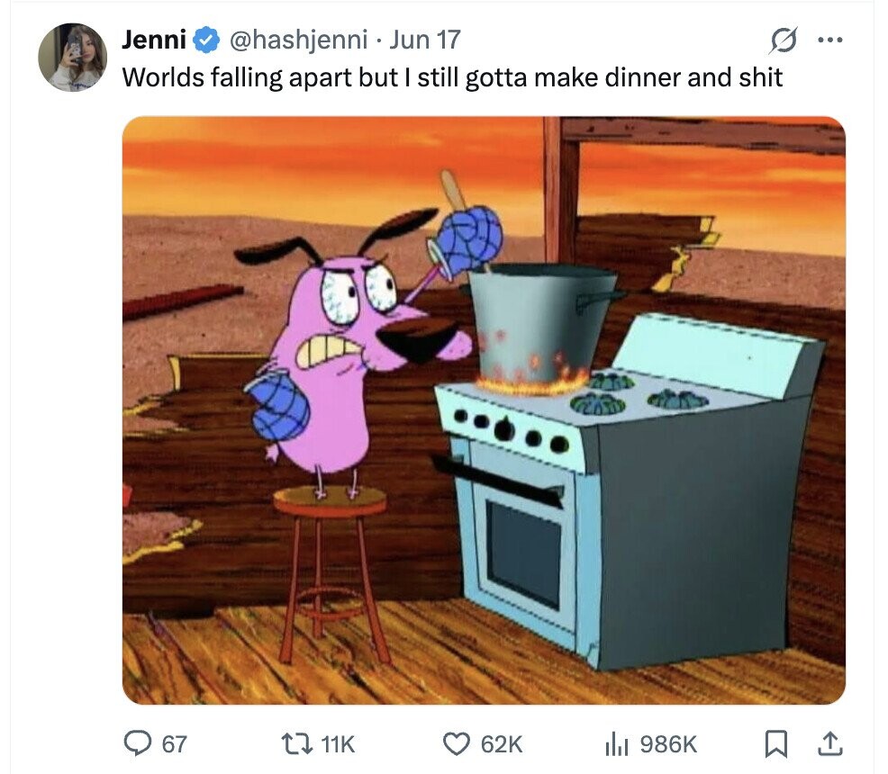 Jenni @hashjenni Jun 17 ... Worlds falling apart but I still gotta make dinner and shit 67 11K 62K 986K
