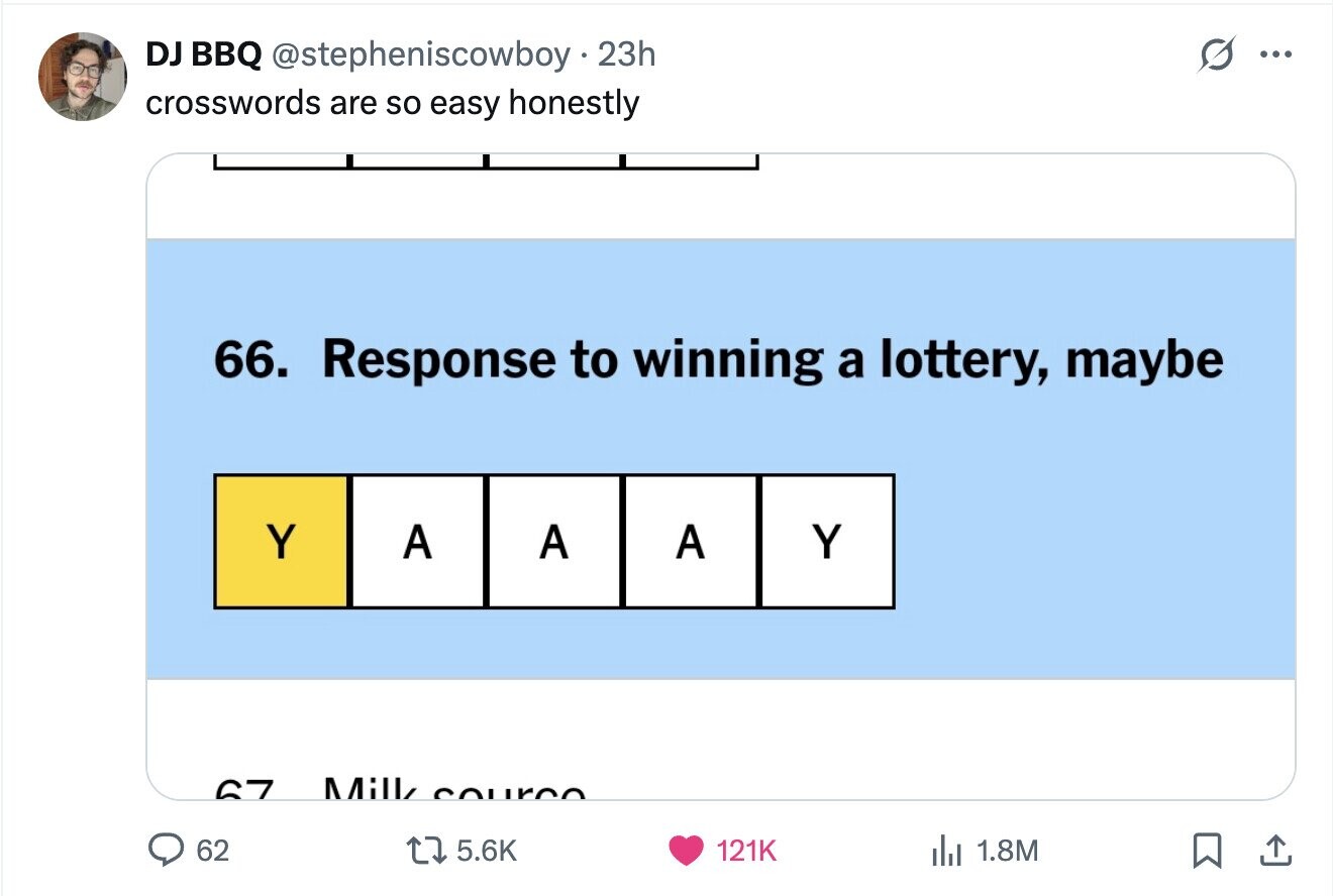 DJ BBQ @stepheniscowboy 23h ... crosswords are so easy honestly 66. Response to winning a lottery, maybe Y A A A Y Mill, cource 67 62 5.6K 121K del 1.8M
