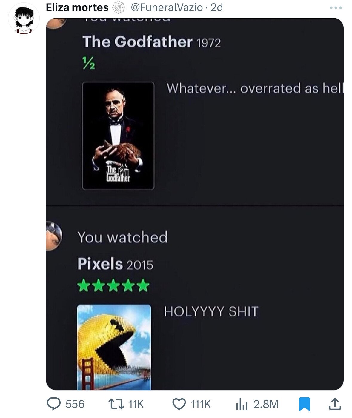 Eliza mortes @FuneralVazio 2d ... The Godfather 1972 1/2 Whatever... overrated as hell The Godfalher You watched Pixels 2015 HOLYYYY SHIT 556 111K 2.8M 11K
