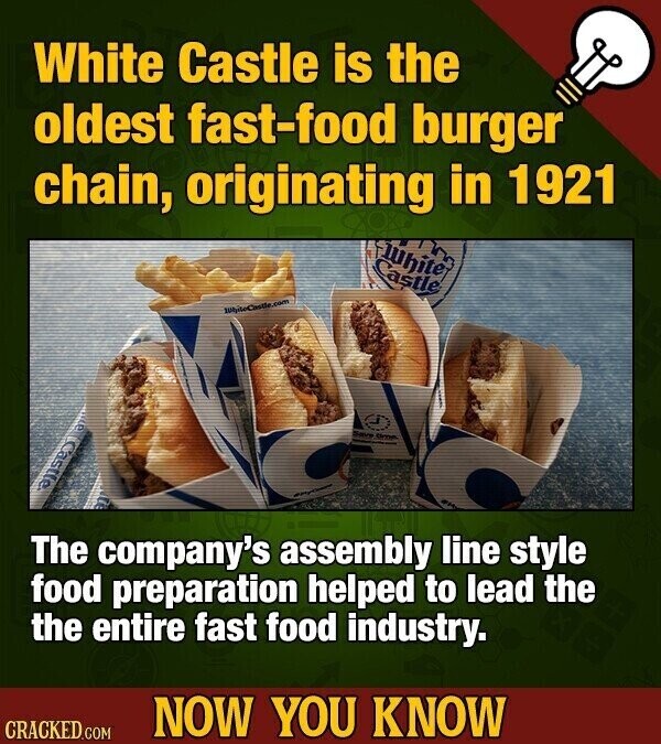 White Castle is the oldest fast-food burger chain, originating in 1921 White Castle WhiteChotte.com el Castle Save Uron The company's assembly line style food preparation helped to lead the the entire fast food industry. NOW YOU KNOW CRACKED.COM