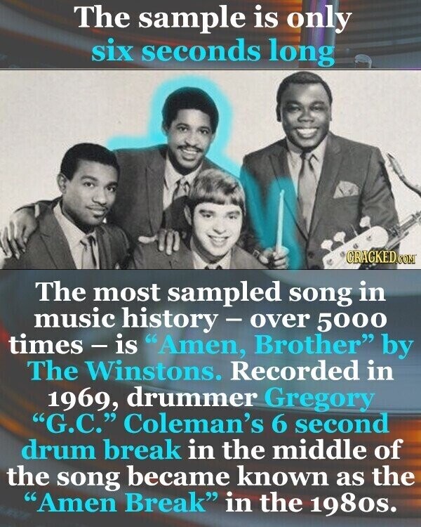 The sample is only six seconds long CRACKED.COM The most sampled song in music history-over 5000 times-is Amen, Brother by The Winstons. Recorded in 1969, drummer Gregory G.C. Coleman's 6 second drum break in the middle of the song became known as the Amen Break in the 198os.