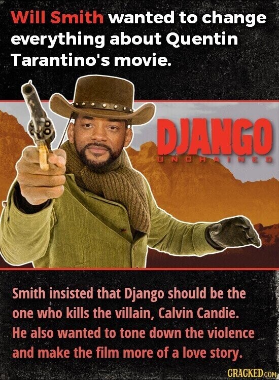 Will Smith wanted to change everything about Quentin Tarantino's movie. DJANGO U INOHATHED Smith insisted that Django should be the one who kills the villain, Calvin Candie. Не also wanted to tone down the violence and make the film more of a love story. CRACKED.COM