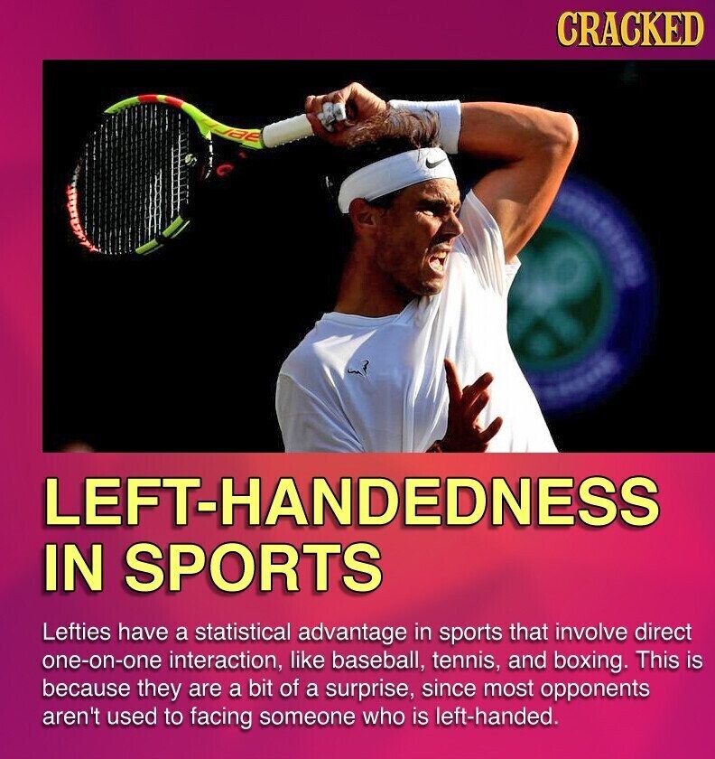 CRACKED LEFT-HANDEDNESS IN SPORTS Lefties have a statistical advantage in sports that involve direct one-on-one interaction, like baseball, tennis, and boxing. This is because they are a bit of a surprise, since most opponents aren't used to facing someone who is left-handed.