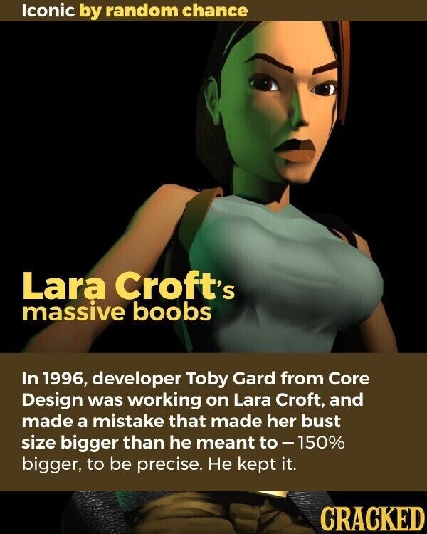 Iconic by random chance Lara Croft's massive boobs In 1996, developer Toby Gard from Core Design was working on Lara Croft, and made a mistake that made her bust size bigger than he meant to-150% bigger, to be precise. Не kept it. CRACKED