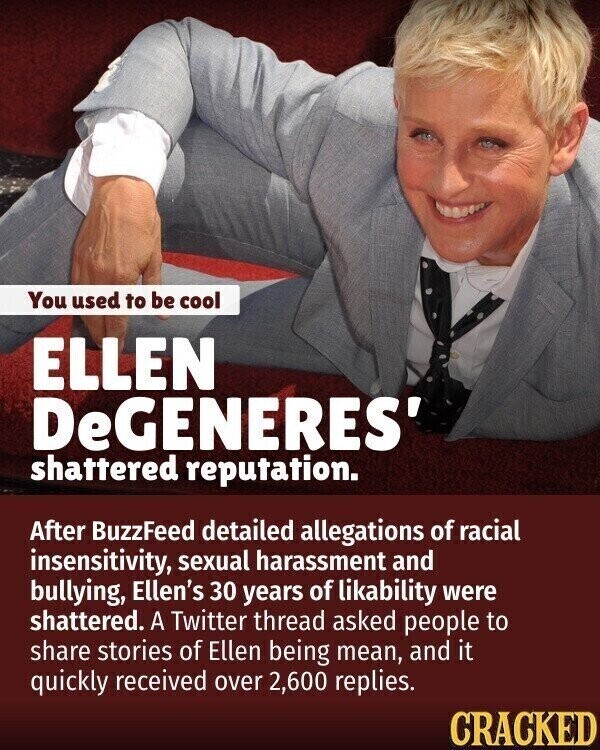 You used to be cool ELLEN DeGENERES' shattered reputation. After BuzzFeed detailed allegations of racial insensitivity, sexual harassment and bullying, Ellen's 30 years of likability were shattered. A Twitter thread asked people to share stories of Ellen being mean, and it quickly received over 2,600 replies. CRACKED