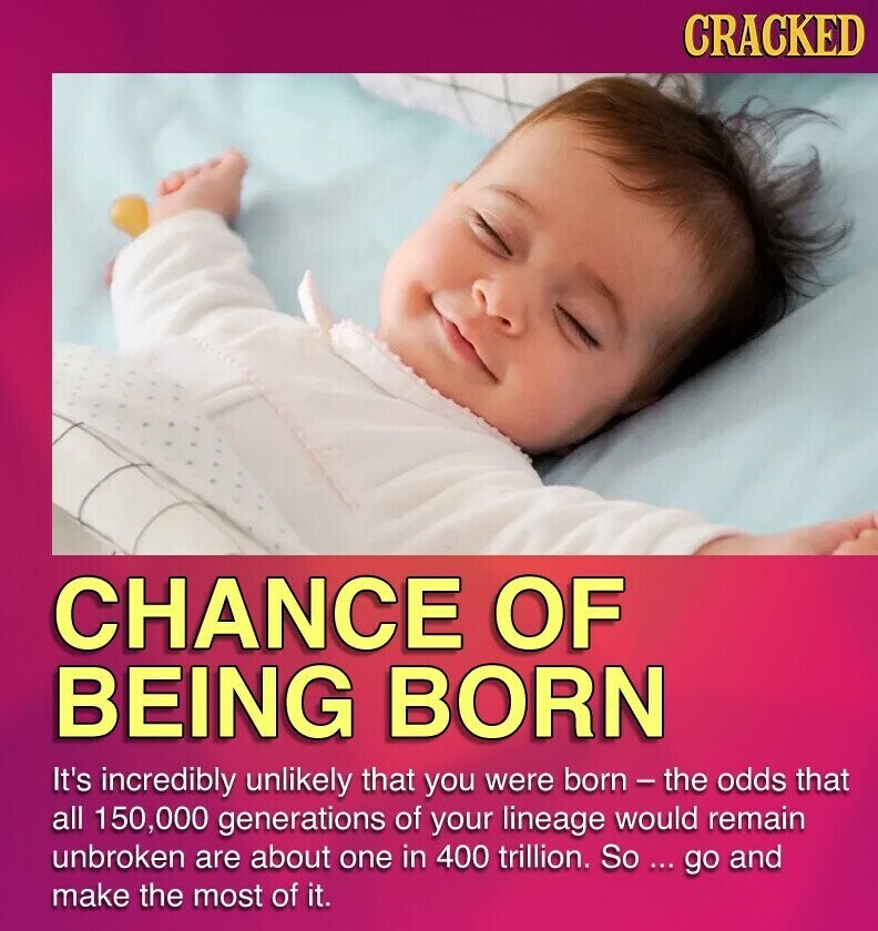 CRACKED CHANCE OF BEING BORN It's incredibly unlikely that you were born - the odds that all 150,000 generations of your lineage would remain unbroken are about one in 400 trillion. So ... go and make the most of it.