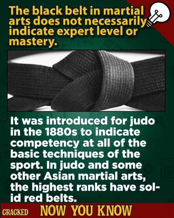 The black belt in martial arts does not necessarily indicate expert level or mastery. It was introduced for judo in the 1880s to indicate competency at all of the basic techniques of the sport. In judo and some other Asian martial arts, the highest ranks have sol- id red belts. CRACKED NOW YOU KNOW