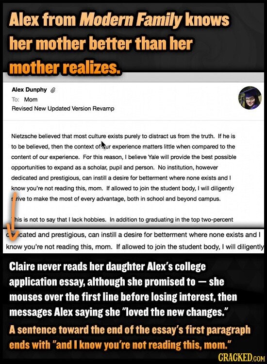 Alex from Modern Family knows her mother better than her mother realizes. Alex Dunphy @ To: Mom Revised New Updated Version Revamp Nietzsche believed that most culture exists purely to distract us from the truth. If he is to be believed, then the context of Aur experience matters little when compared to the content of our experience. For this reason, I believe Yale will provide the best possible opportunities to expand as a scholar, pupil and person. No institution, however dedicated and prestigious, can instill a desire for betterment where none exists and I know you're not reading this, mom.