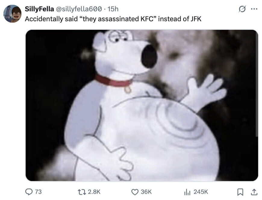 SillyFella @sillyfella600 15h S ... Accidentally said they assassinated KFC instead of JFK 73 2.8K 36K 245K 