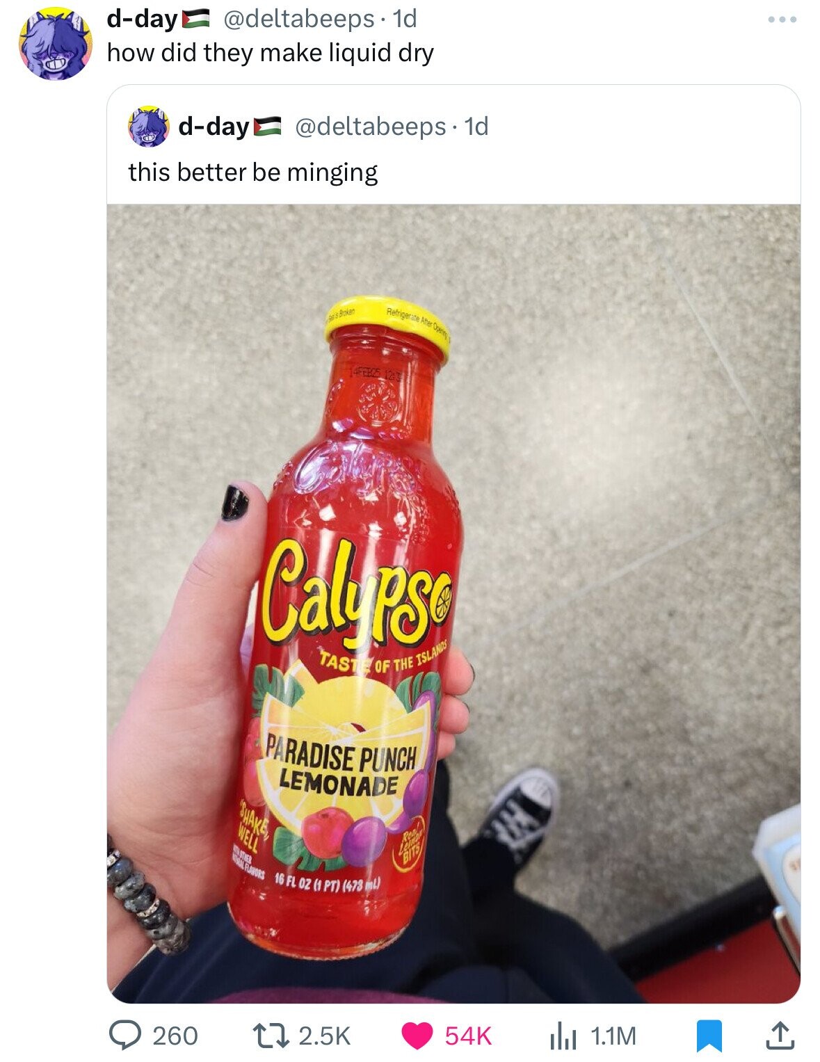 d-day @deltabeeps• 1d how did they make liquid dry d-day @deltabeeps.1 1d this better be minging Refrigerate After Opening San 5 Broken 14FEB25 1233 Calapse TASTE OF THE ISLANDS PARADISE PUNCH LEMONADE SHAKE WELL FLAVORS BITS 16 FL 0Z mL) (1 PT) (473 260 2.5K 54K 1.1M