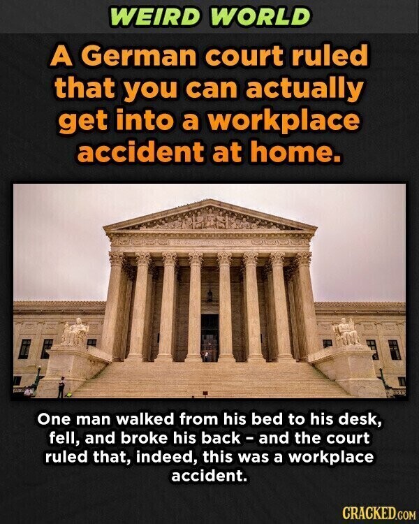 WEIRD WORLD A German court ruled that you can actually get into a workplace accident at home. One man walked from his bed to his desk, fell, and broke his back - and the court ruled that, indeed, this was a workplace accident. CRACKED.COM