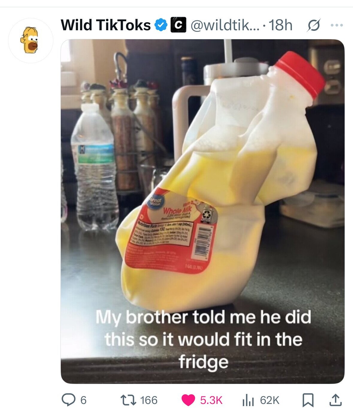 Wild TikToks с @wildtik... 18h s ... Great Value Witchen D, Whole Mik Part - I Nutrition - Facts - Sample 150 5 San Redun am litting cap m (240mL) Total Cars / 21 2 my j 25% - No. - - - My brother told me he did this so it would fit in the fridge 6 62K 166 5.3K 