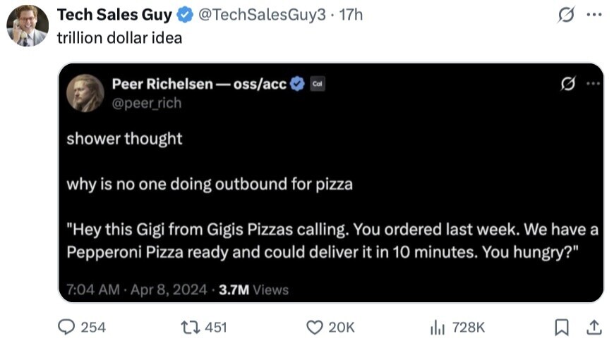 Tech Sales Guy @TechSalesGuy3 - 17h ... trillion dollar idea Peer Richelsen-oss/acc O Cal ... @peer_rich shower thought why is no one doing outbound for pizza Hey this Gigi from Gigis Pizzas calling. You ordered last week. We have a Pepperoni Pizza ready and could deliver it in 10 minutes. You hungry? 7:04 AM Apr 8, 2024 3.7M Views 254 451 20K del 728K 
