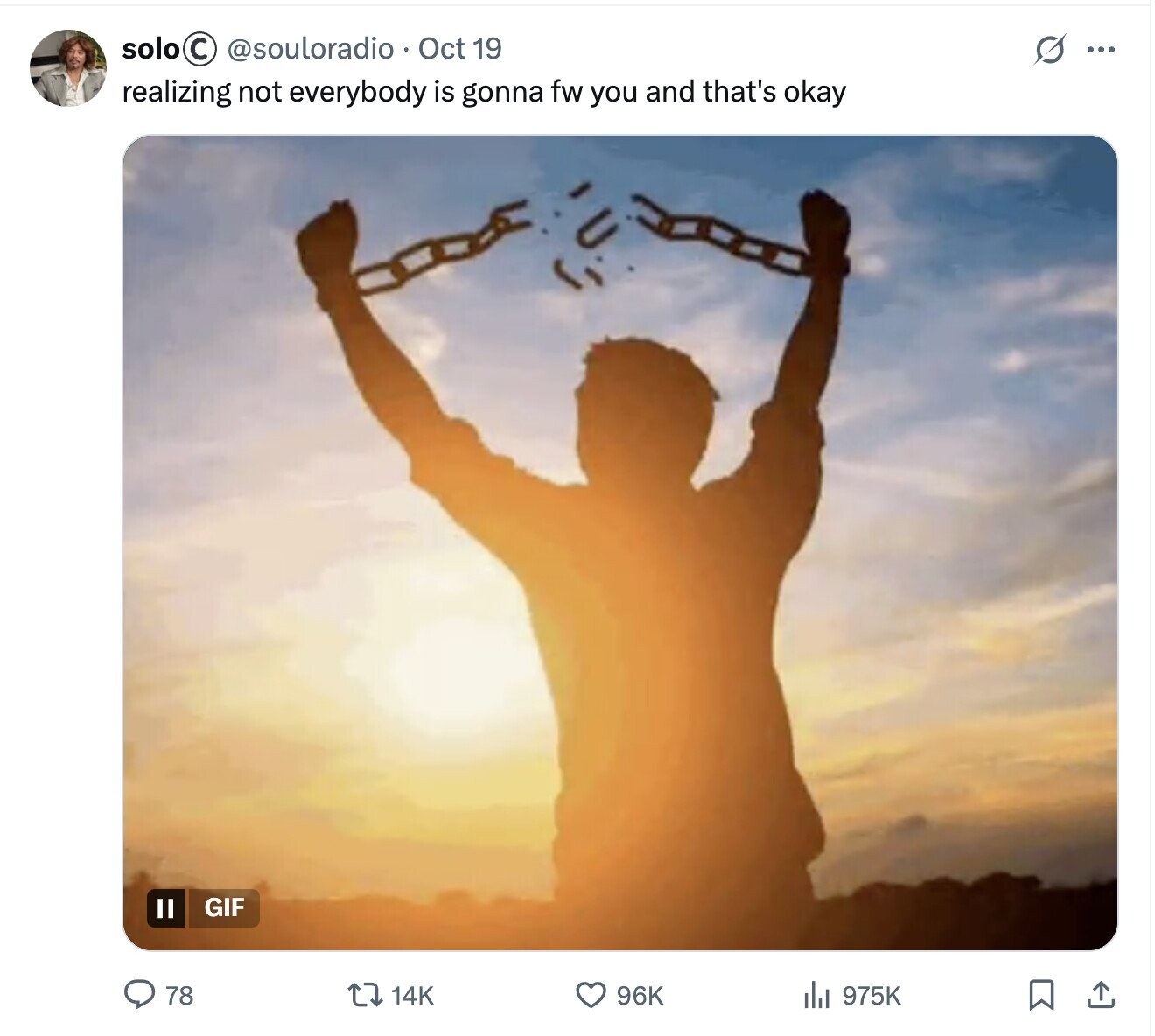 solo C @souloradio Oct 19 S ... realizing not everybody is gonna fw you and that's okay GIF II 78 14K 96K del 975K 