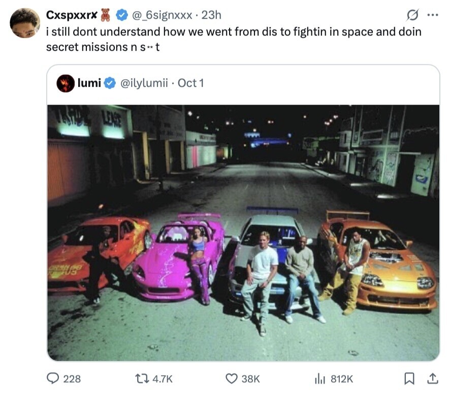 G ... Cxspxxrx @_6signxxx 23h i still dont understand how we went from dis to fightin in space and doin secret missions n s**t lumi @ilylumii Oct 1 TRADIC LEARE OPEN 228 4.7K 38K 812K 