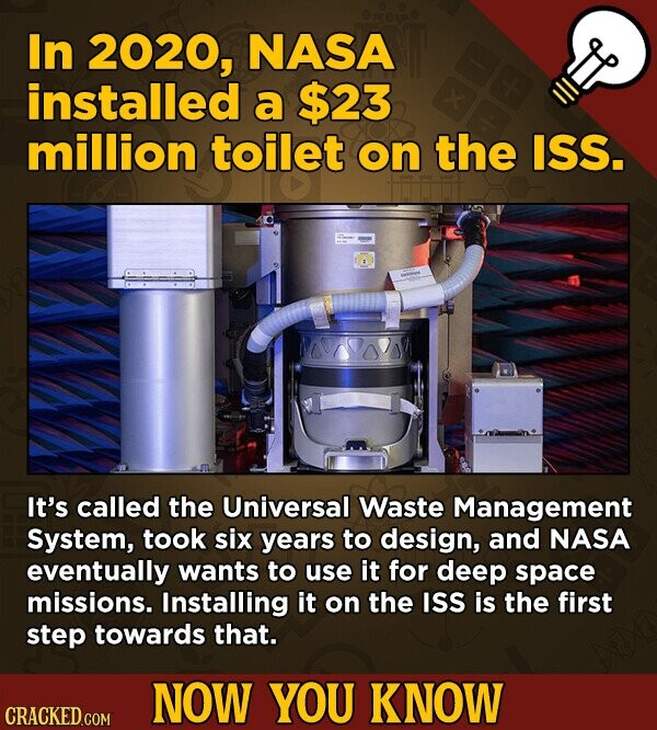 In 2020, NASA installed a $23 million toilet on the ISS. It's called the Universal Waste Management System, took six years to design, and NASA eventually wants to use it for deep space missions. Installing it on the ISS is the first step towards that. NOW YOU KNOW CRACKED.COM