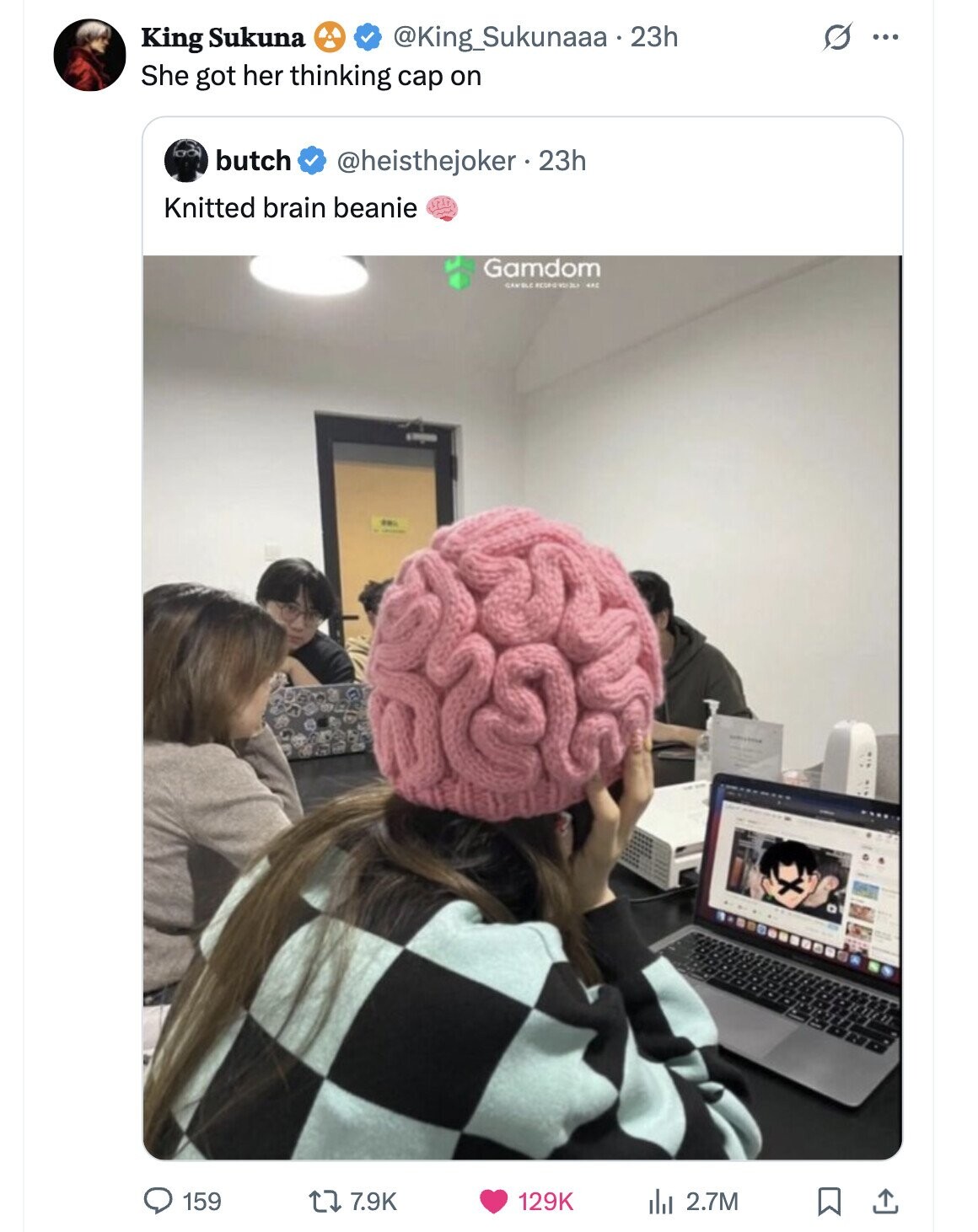 @King_Sukunaaa a.23h O ... King Sukuna She got her thinking cap on butch @heisthejoker.23h Knitted brain beanie ١٣٨٣ Gamdom GAMBLE 4XC - 159 7.9K 129K del 2.7M 