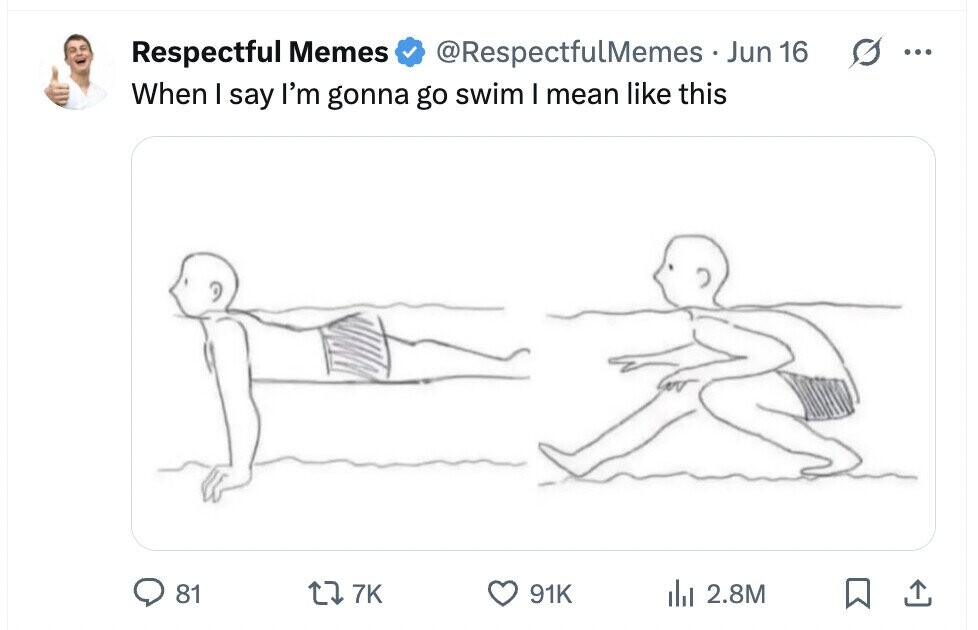Respectful Memes @RespectfulMemes . Jun 16 ... When I say I'm gonna go swim I mean like this 81 7K 91K del 2.8M