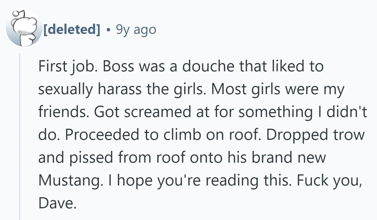 . 9y ago First job. Boss was a douche that liked to sexually harass the girls. Most girls were my friends. Got screamed at for something I didn't do. Proceeded to climb on roof. Dropped trow and pissed from roof onto his brand new Mustang. | hope you're reading this. Fuck you, Dave.