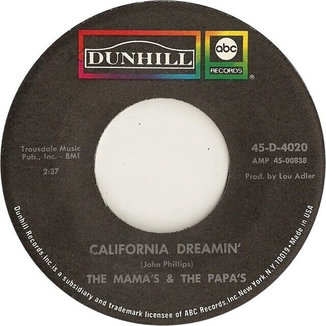 abc DUNHILL RECORDS ® 45-D-4020 Trousdale Music Pub., Inc. - BMI AMP 45-00838 2:37 Prod. by Lou Adler Dunhill USA in Records. Made CALIFORNIA DREAMIN' .Inc.is (John Phillips) Y.10019 a N subsidiary PAPA'S THE MAMA'S & THE York, New and Inc. trademark Records. licensee ABC of