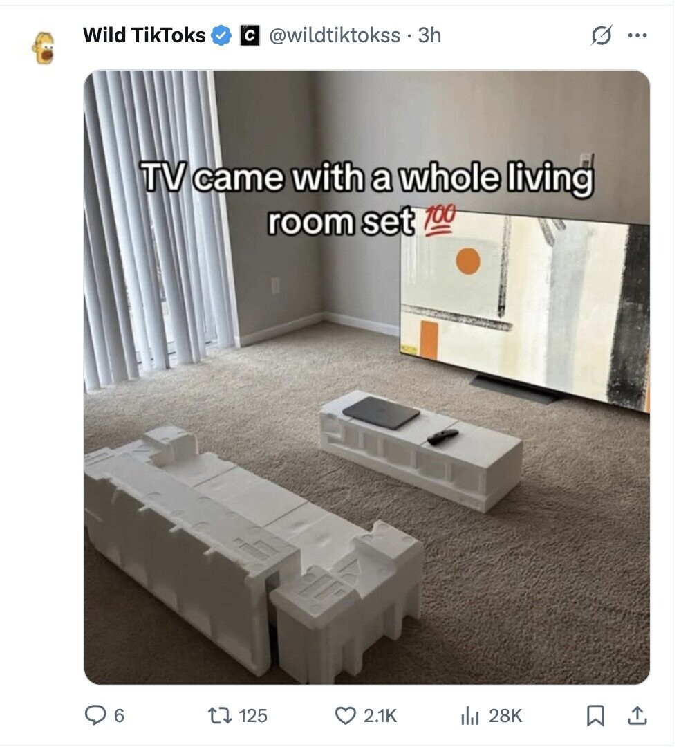 Wild TikToks с @wildtiktokss . : 3h G ... TV came with a whole living room set 100 6 125 2.1K del 28K 