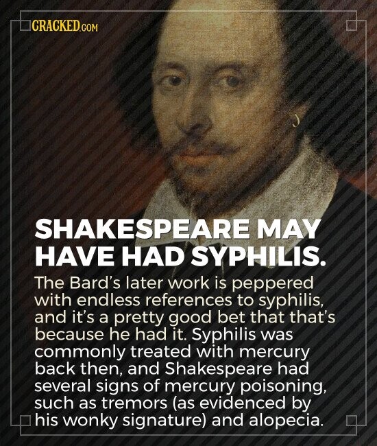 CRACKED.COM SHAKESPEARE MAY HAVE HAD SYPHILIS. The Bard's later work is peppered with endless references to syphilis, and it's a pretty good bet that that's because he had it. Syphilis was commonly treated with mercury back then, and Shakespeare had several signs of mercury poisoning, such as tremors (as evidenced by his wonky signature) and alopecia.