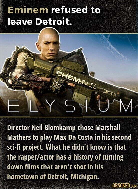 Eminem refused to leave Detroit. CHEMRAIL E Y S I U M Director Neil Blomkamp chose Marshall Mathers to play Max Da Costa in his second sci-fi project. What he didn't know is that the rapper/actor has a history of turning down films that aren't shot in his hometown of Detroit, Michigan. CRACKED.COM