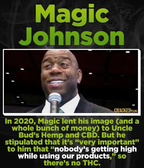 Magic Johnson In 2020, Magic lent his image (and a whole bunch of money) to Uncle Bud's Hemp and CBD. But he stipulated that it's 'very important to him that inobody's getting high while using our products, sO there's no THC.
